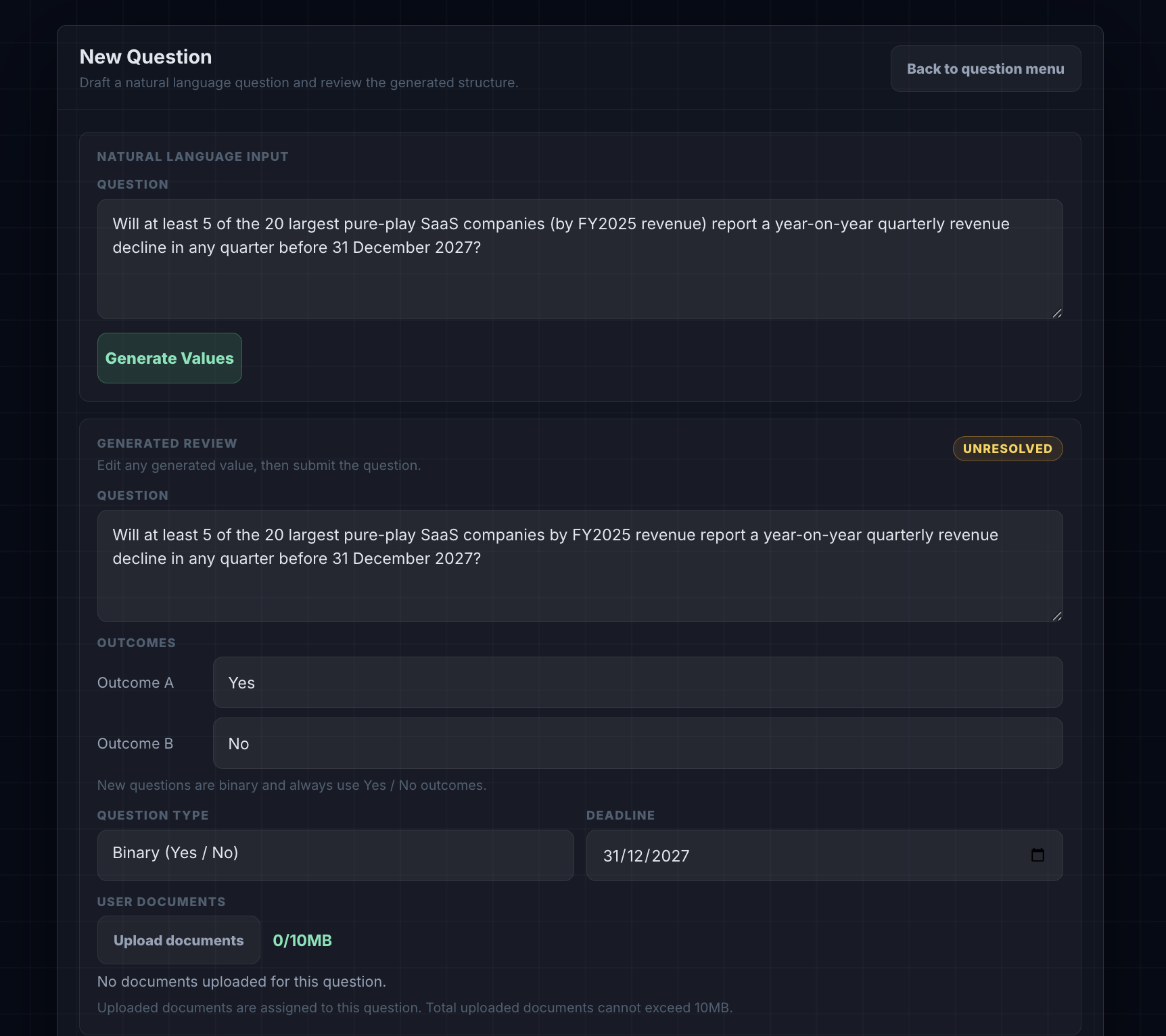 The Elijah question builder: a natural language question is drafted, then Elijah generates the structured outcomes, question type and deadline for review.
